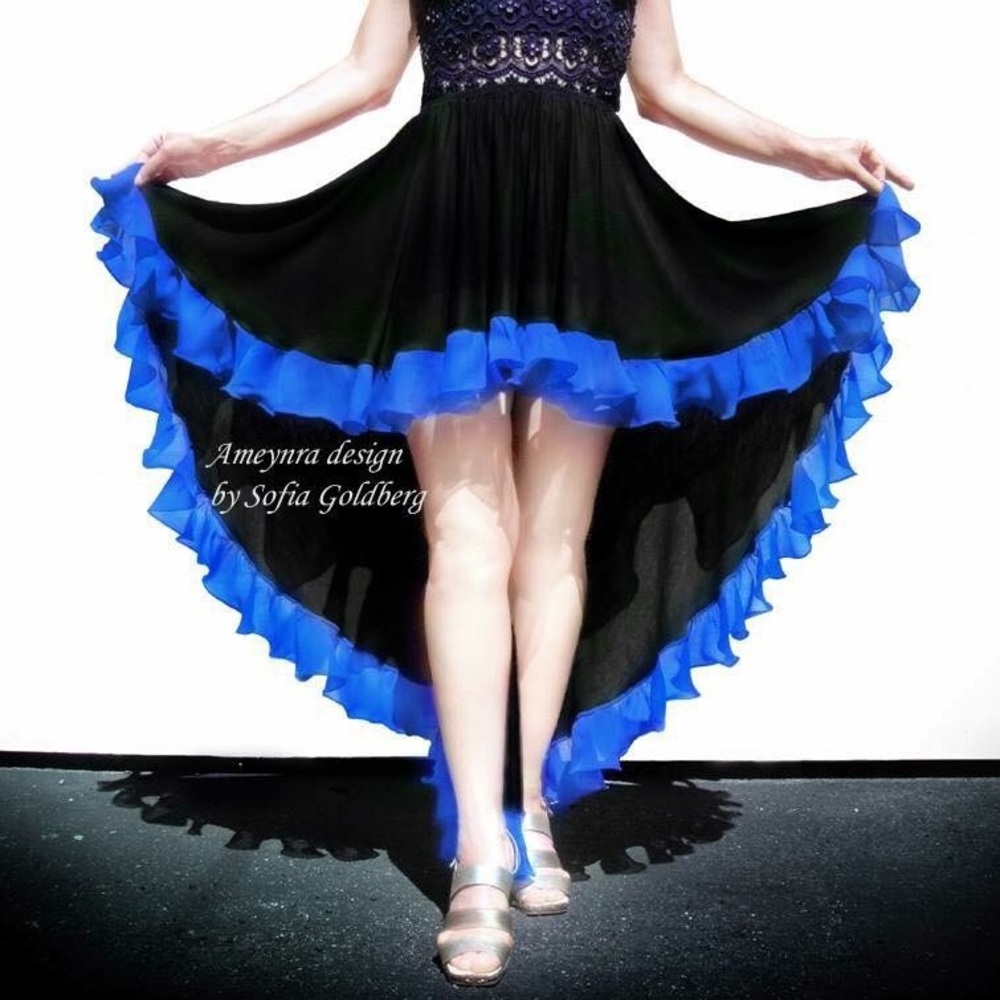 Ameynra high low skirt black rayon with blue chiffon ruffle